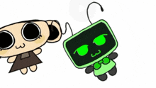 a drawing of a girl and a robot with green eyes