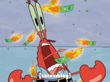 a cartoon character is screaming while holding a dollar bill