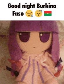a stuffed doll with purple hair and the words " good night burkina faso " below it