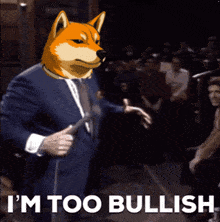 a man in a suit and tie with a dog on his head says i 'm too bullish
