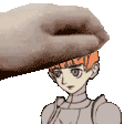 a pixel art of a person 's head being touched by a hand .