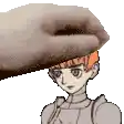 a pixel art of a person 's head being touched by a hand .