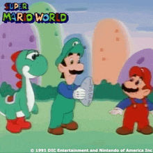 a poster for super mario world shows yoshi and luigi standing next to each other