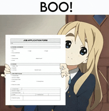 a girl is holding up a job application form with the word boo above her