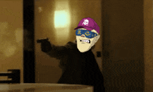 a cartoon character is wearing a purple hat with a skull on it