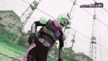 a man in a superhero costume stands in front of power lines