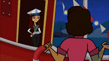 a woman in a captain 's hat stands next to another woman in a pink shirt