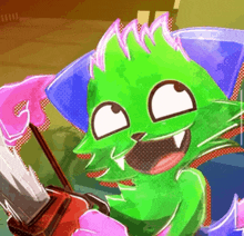 a green cartoon cat is holding a chainsaw and smiling
