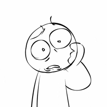 a black and white drawing of a cartoon character with big eyes