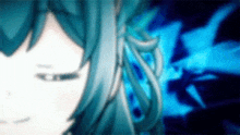 a close up of a person 's face with their eyes closed and a blue background behind them .