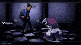 a man in a suit is dancing next to a cartoon character with a purple hat