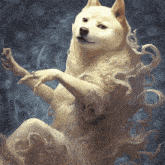 a painting of a dog dressed as a woman with a ring on her finger