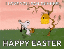a cartoon of snoopy holding an easter egg with the words happy easter
