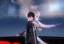 a cartoon character with a halo around his head is holding something in his hand