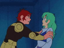 a cartoon character with green hair is fighting another character
