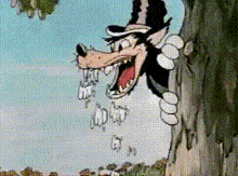 a cartoon wolf is peeking out of a tree with his mouth open