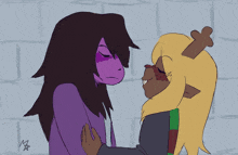 a drawing of a purple and a yellow cartoon character with the letter m on the bottom right