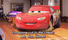 lightning mcqueen from cars is talking to someone in a room .