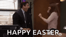 a man and a woman are celebrating easter with the words happy easter below them