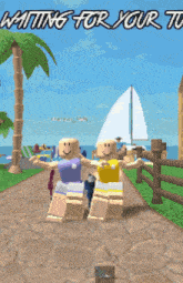 two roblox characters standing next to each other with the words waiting for your turn written on the bottom