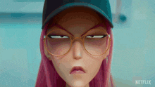 a close up of a cartoon character with glasses and a hat that says netflix on it