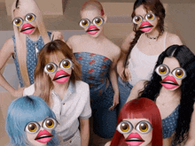a group of women wearing glasses with cartoon eyes and pink lips