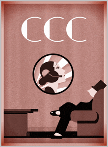 a poster for ccc with a woman smoking a cigarette and a man reading a book