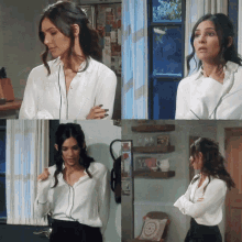 a woman wearing a white shirt and black pants stands in front of a window
