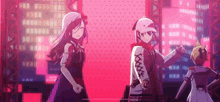 a group of anime characters are standing next to each other in front of a stage holding hands .