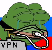 a cartoon frog is crying while holding a rope and a sign that says vpn on it .