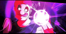 a cartoon character is holding a purple object in his hand in a purple background .