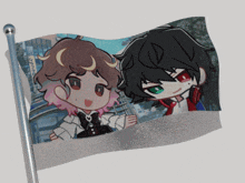 a small flag with a picture of a girl and a boy on it