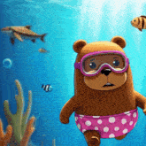 a cartoon bear wearing goggles and polka dot swim trunks swimming in the ocean
