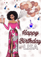 a woman in a pink dress is holding balloons and a gift box