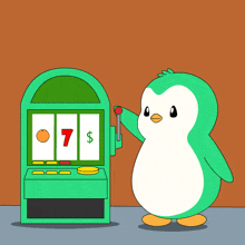 a green penguin is standing next to a green slot machine that says yesss
