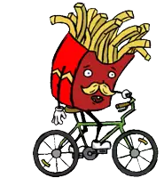 a cartoon of french fries riding a bicycle