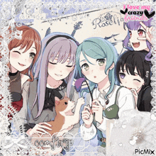 a group of anime girls are posing for a picture with a cat and the words " i love my crazy friends " on the bottom