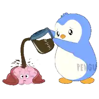 a penguin is pouring coffee into a brain and the word pengu is on the bottom