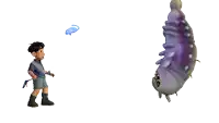 a cartoon character is standing next to a purple bug