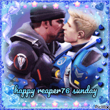a picture of two men kissing with the words happy reaper 76 sunday at the bottom