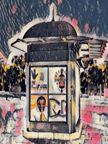 a painting of a phone booth with a man talking in it