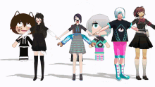 a group of cartoon characters are holding hands and one of them has the number 3 on her shirt