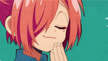 a close up of a girl with pink hair covering her face with her hands