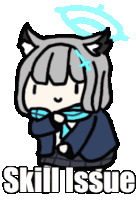 a cartoon of a girl with a scarf around her neck and the words skill issue written below her