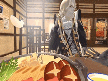 a cartoon character is sitting at a table with a plate of food in front of him