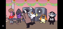 a group of cartoon characters are dancing in a room with speakers . one of the characters has the number 68 on his shirt .