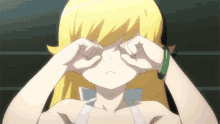 a blonde anime girl is rubbing her eyes with her hands