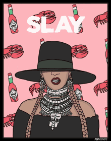 a drawing of a woman wearing a hat with the word slay written above her