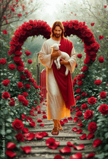 a painting of jesus holding a lamb in front of a heart of red roses