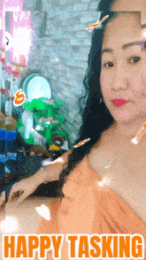a picture of a woman says happy tasking